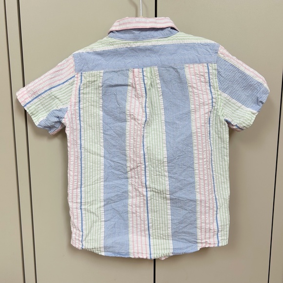 JANIE and JACK seersucker pink green blue short sleeve boys button down sz 5 - s - Picture 2 of 5